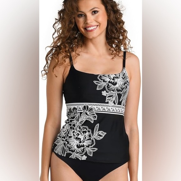 La Blanca Women's Lingerie Strap Tankini Swimsuit Top Black/Shadow Floral 12 - Picture 1 of 8